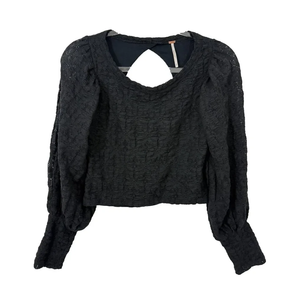 FREE PEOPLE Tea Time Top S Black Crop Puff Sleeve Open Back Lace EUC B83